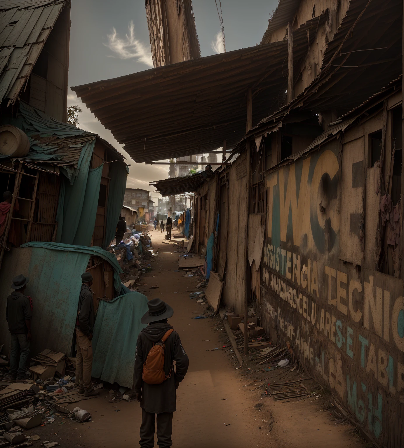 there are two men standing outside a building with a sign, location ( shanty town _ wand ), standing on a city street, standing on the city street, location ( shanty town ), well edited, por Willian Murai, photo taken from behind, back towards camera, canteen rows in the background, captured on iphone, rear shot, cell phone photo