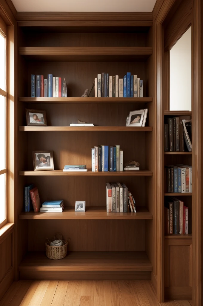 A bookcase and a video game next to it
