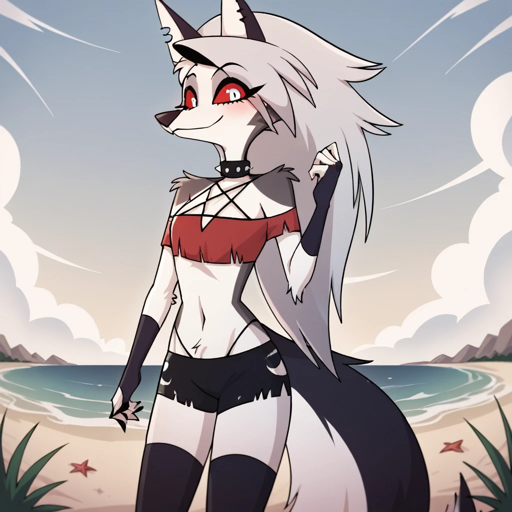 score_9, score_8_up, BREAK, source_anime, uncensored, perfect body, slim, thigh highs, fingerless gloves,
anthro, furry, pose, sexy,
Loona \(Helluva Boss\), NSFW, red swimsuit, bikini, head back, anthro male maned wolf with long spiked white hair and black face, black boxers, blushing, high detail, on beach, holding hands, smiling, open eyes, larger male