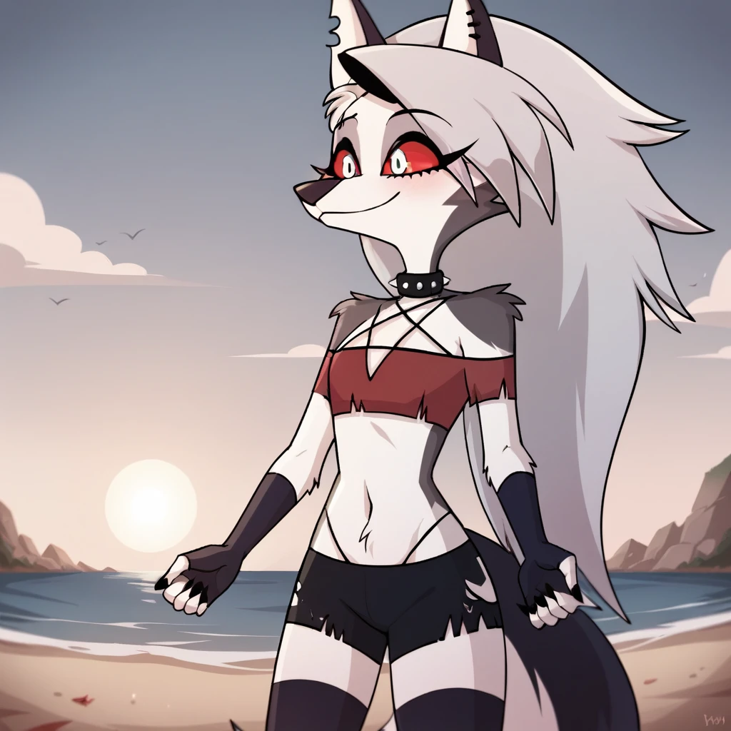 score_9, score_8_up, BREAK, source_anime, uncensored, perfect body, slim, thigh highs, fingerless gloves,
anthro, furry, pose, sexy,
Loona \(Helluva Boss\), NSFW, red swimsuit, bikini, head back, anthro male maned wolf with long spiked white hair and black face, black boxers, blushing, high detail, on beach, holding hands, smiling, open eyes, larger male