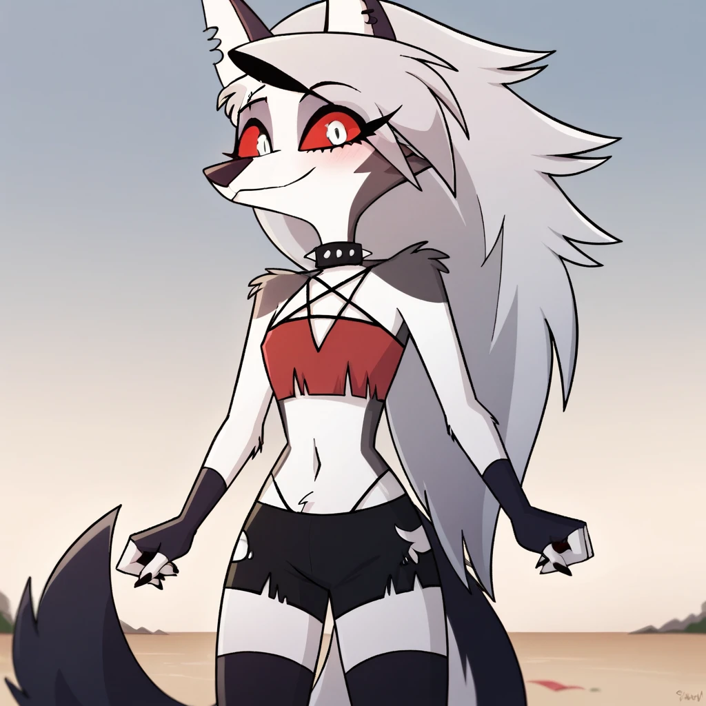 score_9, score_8_up, BREAK, source_anime, uncensored, perfect body, slim, thigh highs, fingerless gloves,
anthro, furry, pose, sexy,
Loona \(Helluva Boss\), NSFW, red swimsuit, bikini, head back, anthro male maned wolf with long spiked white hair and black face, black boxers, blushing, high detail, on beach, holding hands, smiling, open eyes, larger male