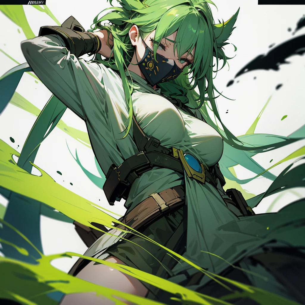 Druid woman with medium breasts and mask, messy green hair and sleepy look