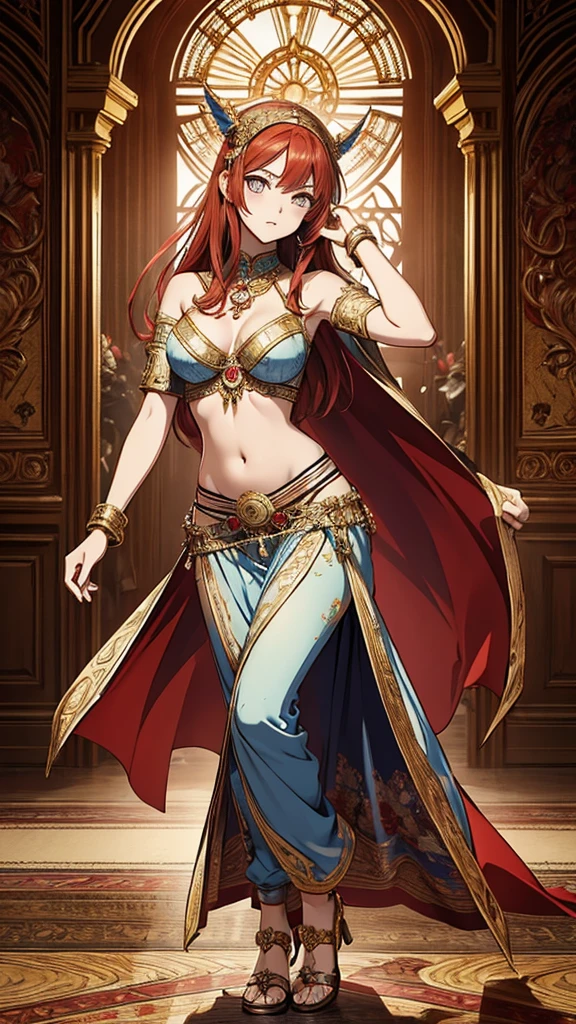 2d, masterpiece, best quality, anime, highly detailed face, highly detailed eyes, highly detailed background, perfect lighting, 1girl, solo, full body, standing, genie attire, belly dancer pants, red hair, amulet