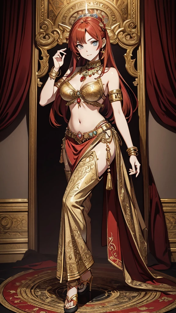 2d, masterpiece, best quality, anime, highly detailed face, highly detailed eyes, highly detailed background, perfect lighting, 1girl, solo, full body, standing, genie attire, belly dancer pants, red hair, amulet