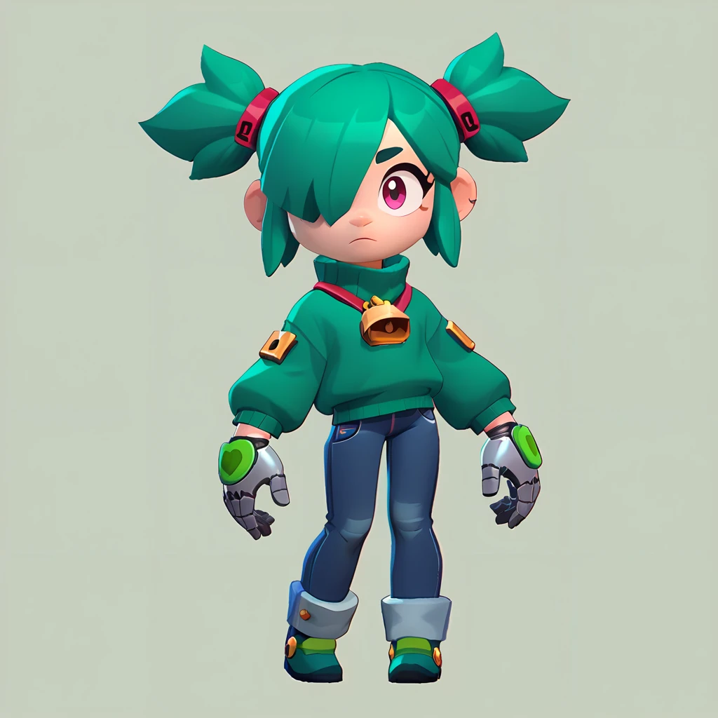 full body view of a  girl, neon green hairstyle with a lock of hair covering one eye, pointed pigtails, dressed in a green sweater and jeans, wearing robotic gloves
