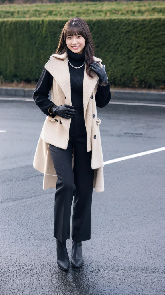 wearing knit and long coat and black leather gloves,black socks,pumps,fullbody photo,photo by NIKON,see through bangs,smile,Girl black business long pants style,weather caster