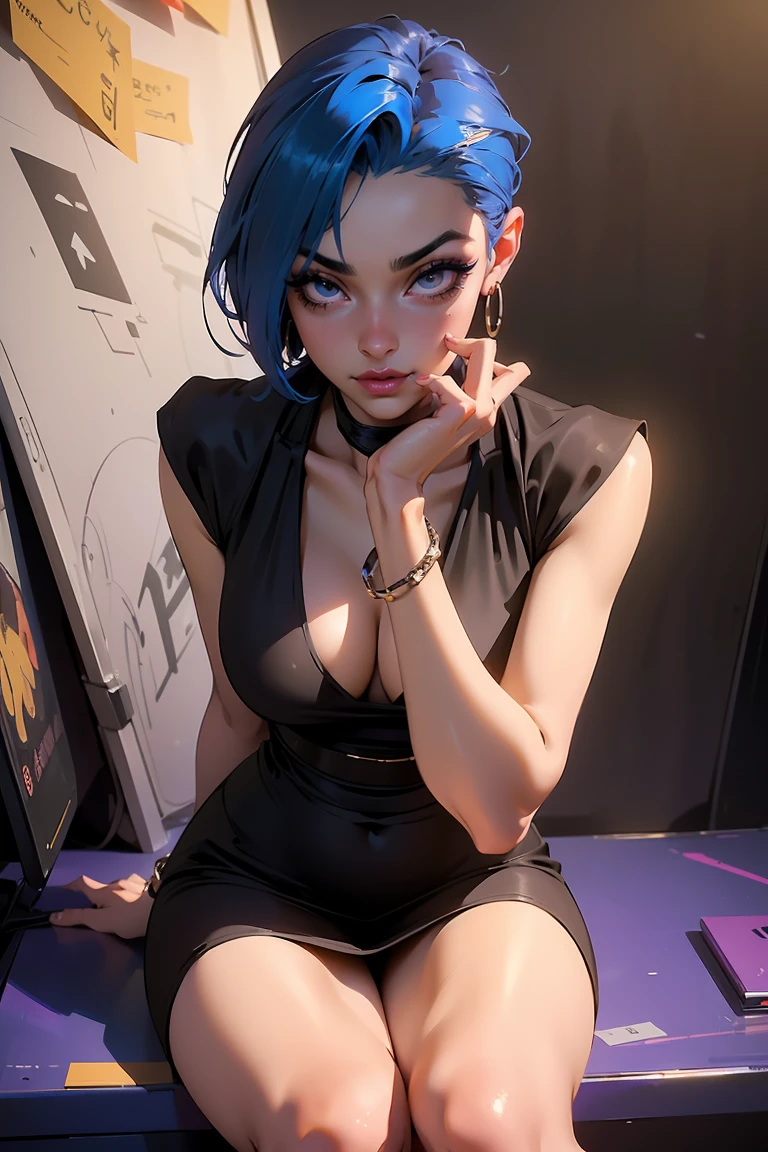 Goddess ((goddess-like woman)), slim elegant silhouette, masterpiece, (close angle), best quality, pale skin, fair skin, sweet face, (masterpiece:1,2, best quality), (real picture, intricate details), (1 lady , solo, medium tits, slim waistline, ), ((Jinx/LOL)), a woman short hair, darkblue hair, brown eyes, (darkblue hair), she has an impressive presence., short hair, bracelet, hoop earrings, jewelry, beautiful face, beautiful eyes, she looks the Looking at viewer, She is wearing serious business simple fitted dress, appropriately dressed as a CEO, black dress, sweet irresistible smile, elegant pose, Elegant hands, beautiful hands, perfect fingers, long perfect legs, Background: She is a CEO and is at an IT presentation event lots of people on the road, Business event, business meeting, Presentation of the latest products