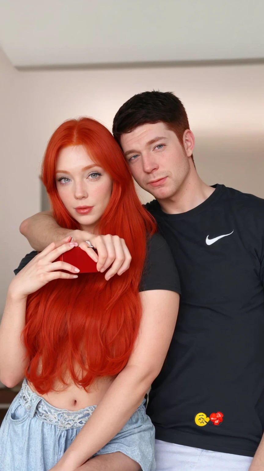 A redheaded woman and a man taking a photo, full hd, 4K