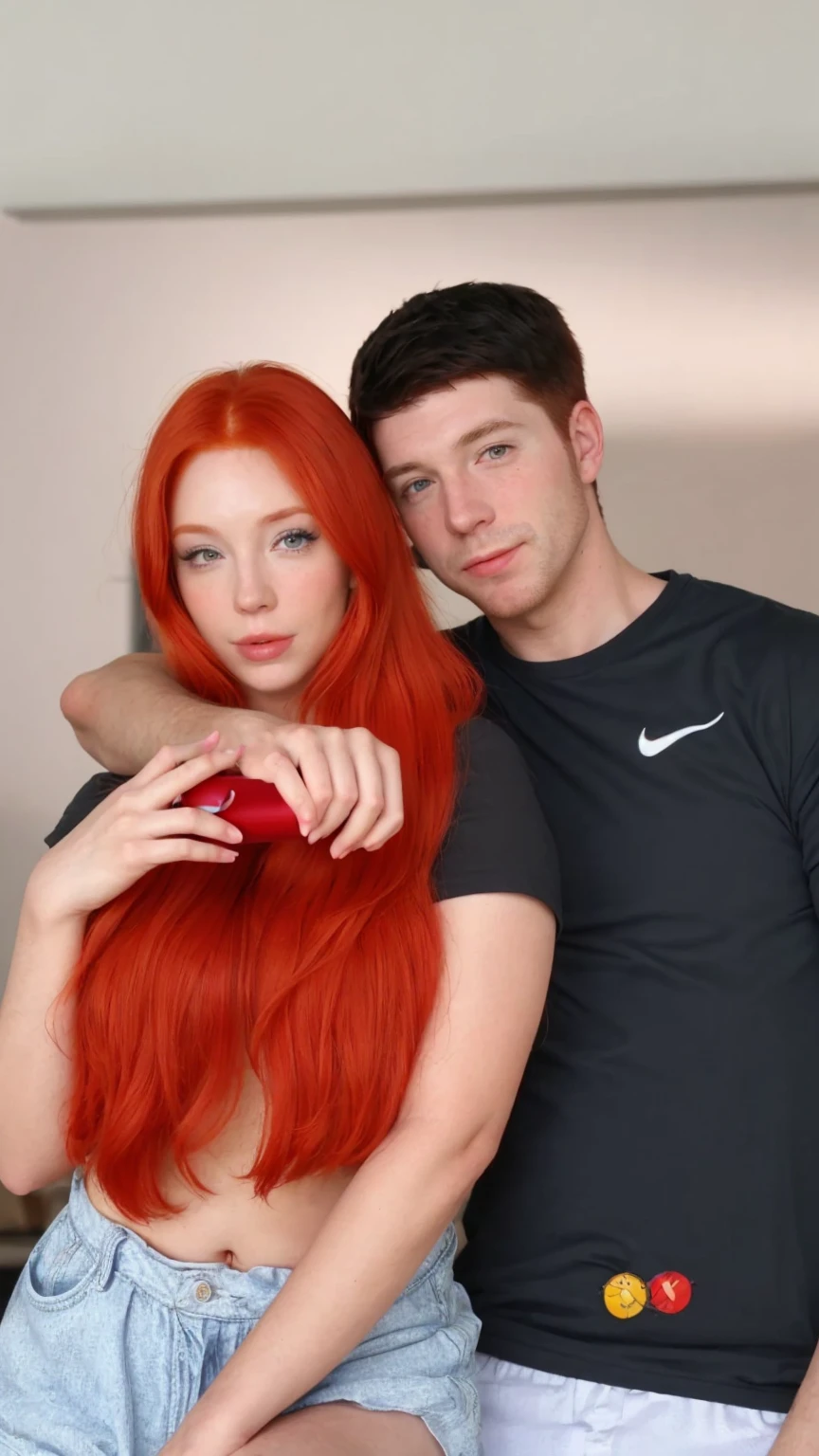 A redheaded woman and a man taking a photo, full hd, 4K