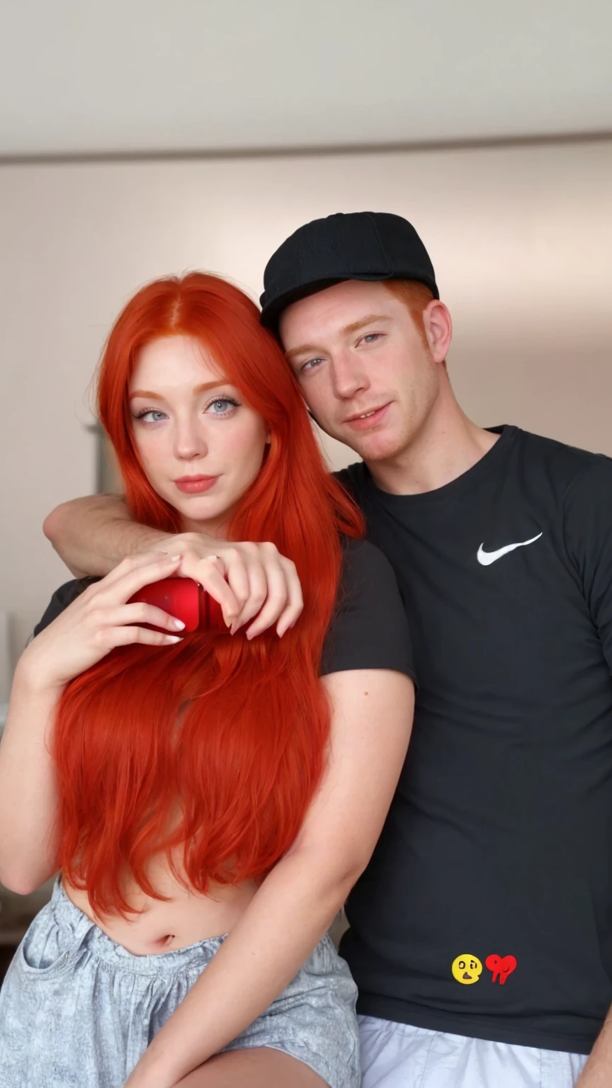 A redheaded woman and a man taking a photo, full hd, 4K