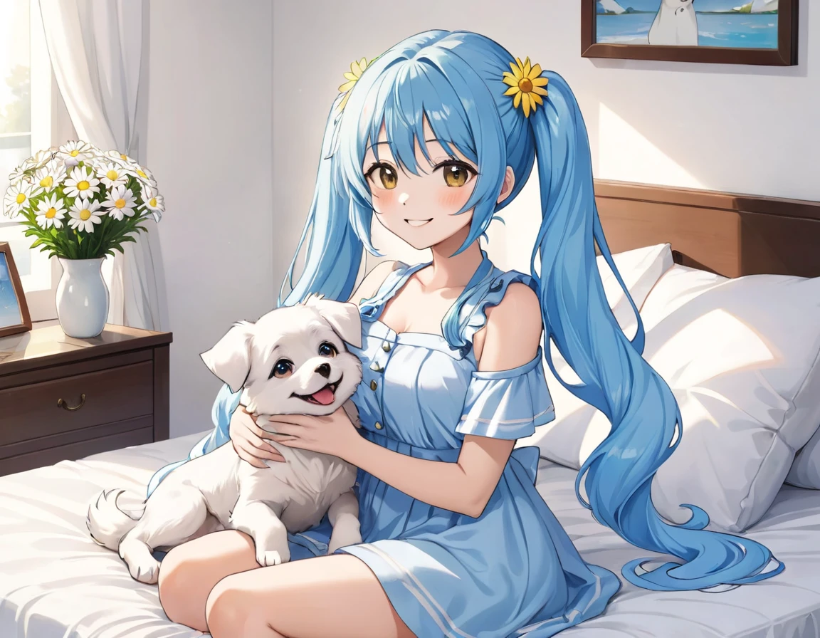 A room decorated with lots of daisies、The morning sun is shining、Long light blue hair、Beautiful girl with twin tails、Sitting on the bed holding a cute pillow、Bright smile、Bright smile、There is a dog next to the bed.