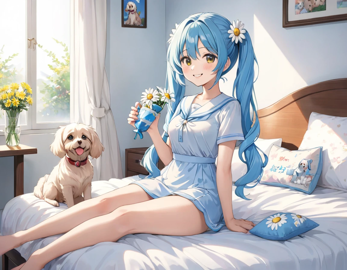 A room decorated with lots of daisies、The morning sun is shining、Long light blue hair、Beautiful girl with twin tails、Sitting on the bed holding a cute pillow、Bright smile、Bright smile、There is a dog next to the bed.
