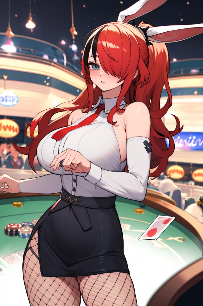 masterpiece, best quality, highres, hmlain, long hair, ponytail, streaked hair, hair over one eye, rabbit ears,  huge breasts, bare shoulders, white shirt, collared shirt, red necktie, detached sleeves, black skirt, miniskirt, fishnet pantyhose, standing, cowboy shot, casino,