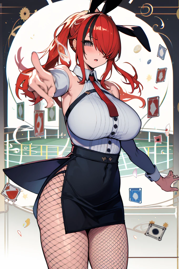 masterpiece, best quality, highres, hmlain, long hair, ponytail, streaked hair, hair over one eye, rabbit ears,  huge breasts, bare shoulders, white shirt, collared shirt, red necktie, detached sleeves, black skirt, miniskirt, fishnet pantyhose, standing, cowboy shot, casino,