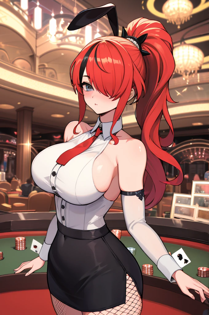 masterpiece, best quality, highres, hmlain, long hair, ponytail, streaked hair, hair over one eye, rabbit ears,  huge breasts, bare shoulders, white shirt, collared shirt, red necktie, detached sleeves, black skirt, miniskirt, fishnet pantyhose, standing, cowboy shot, casino,