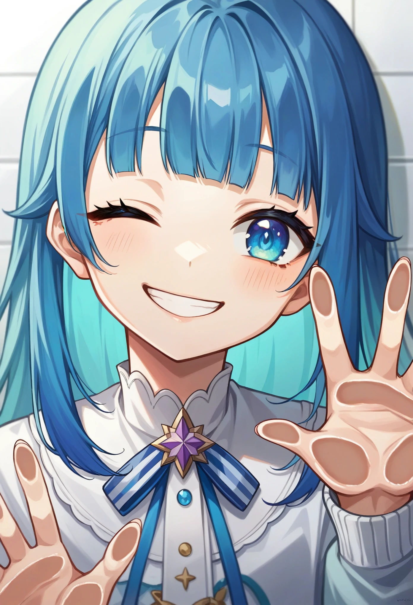1girl, xter, absurdres, official art, absurdres, vspo!, tsumugi kokage, ;d, against fourth wall, against glass, blue eyes, blue hair, blunt bangs, cheek press, glass writing, long sleeves, looking at viewer, one eye closed, smile, solo, upper body, virtual youtuber, ((very aesthetic, best quality, ultra detailed)), rating:safe,