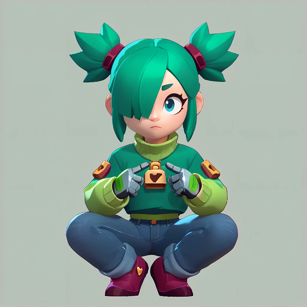 full body view of a  girl, neon green hairstyle with a lock of hair covering one eye, pointed pigtails, dressed in a green sweater and jeans, wearing robotic gloves
