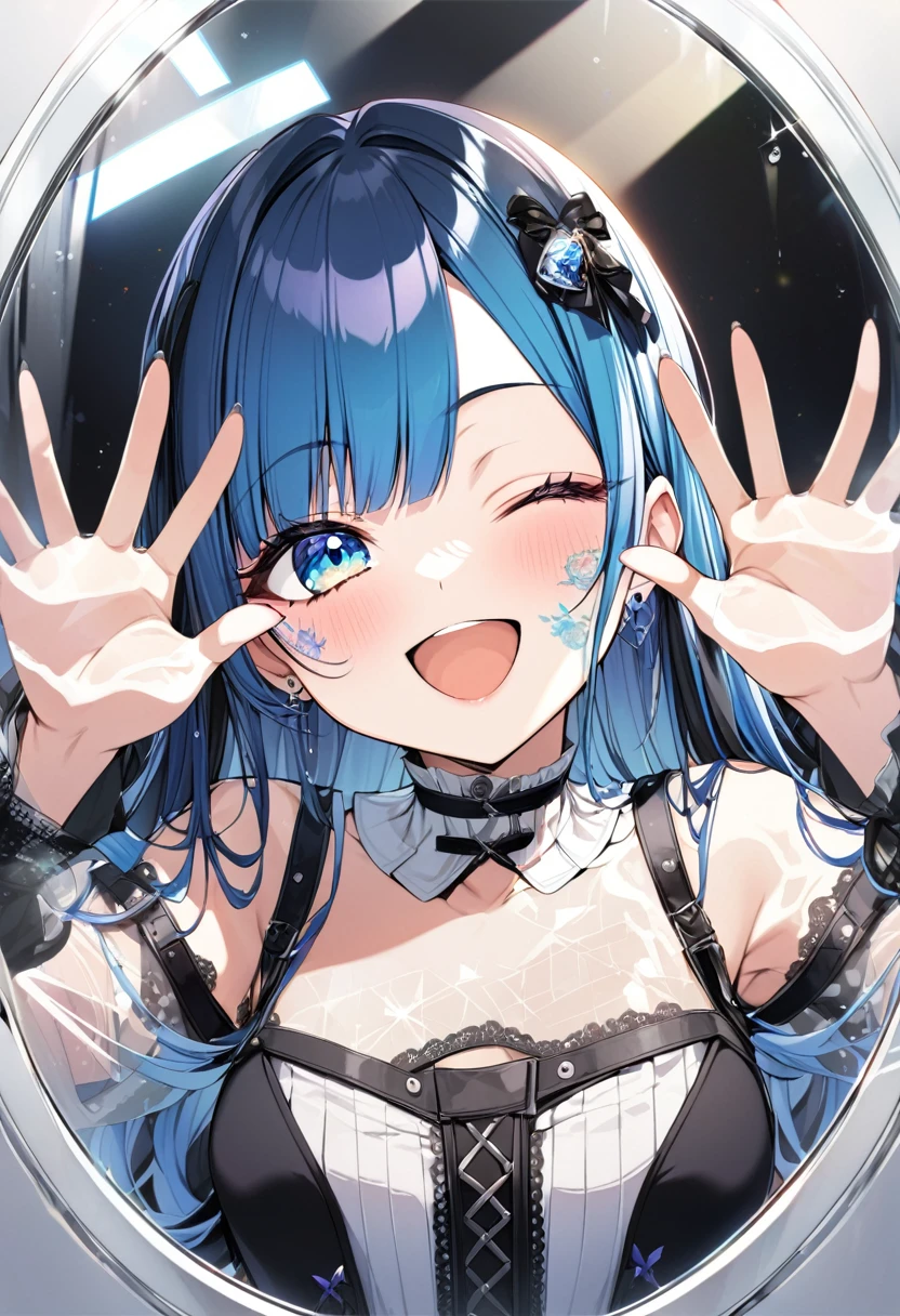 1girl, xter, absurdres, official art, absurdres, vspo!, tsumugi kokage, ;d, against fourth wall, against glass, blue eyes, blue hair, blunt bangs, cheek press, glass writing, long sleeves, looking at viewer, one eye closed, smile, solo, upper body, virtual youtuber, ((very aesthetic, best quality, ultra detailed)), rating:safe,