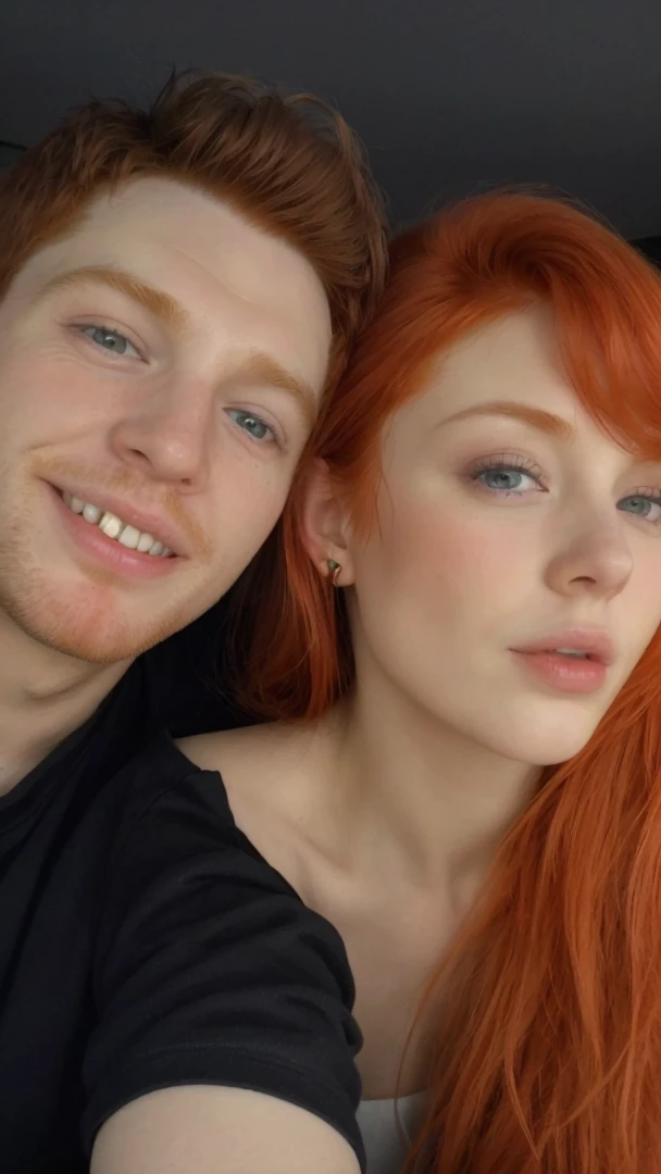 A redheaded woman and a man taking a photo, full hd, 4K