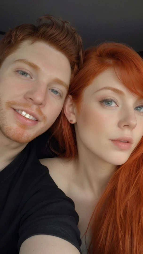 A redheaded woman and a man taking a photo, full hd, 4K