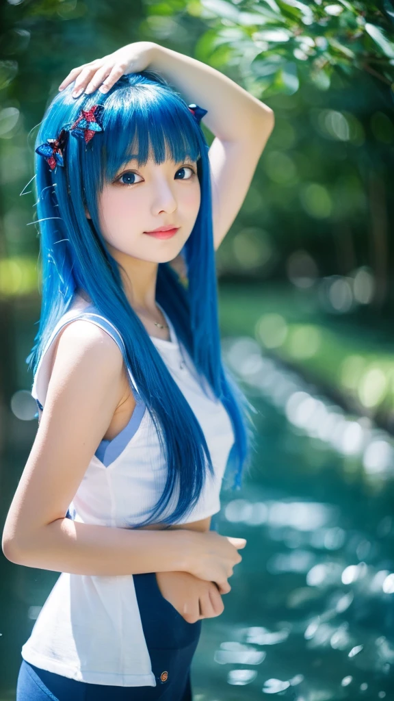 Opening legs、pissing、fullnude、realisitic, Best Quality, Super beautiful girl, Bishoujo Super Saiyan Blue, Blue hair、 オマンコ、No pubic hair、vaginal、Blue eyebrows、Girls Android、