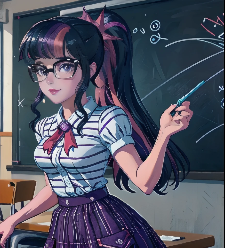 cowboy shot,solo,1girl,mlptwilight,smile,looking at viewer,ponytail,glasses,striped shirt,purple skirt,classroom, dynamic lighting, ((majestic background 1.5))