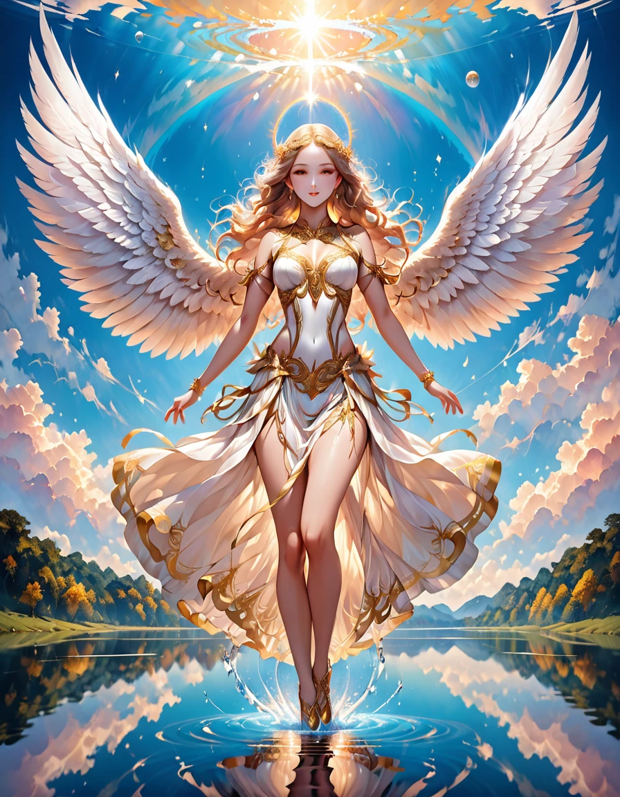 a picture of a female angel flying over a lake ((the angel's reflection in the lake: 1.5)), a beautiful female angel, divine beauty angel, ((ultra detailed face: 1.3)), (best detailed face: 1.3), dynamic eye color, dynamic hair color, dynamic hair style, intense gaze, wearing dynamic clothing, hovering over a lake, (white angelic wings spread: 1.3), (((a perfect reflection of the angel seen in the lake: 1.5)))  vibrant, Ultra-high resolution, High Contrast, masterpiece:1.2, highest quality, Best aesthetics), best details, best quality, highres, ultra wide angle, 16k, [ultra detailed], masterpiece, best quality, (extremely detailed),