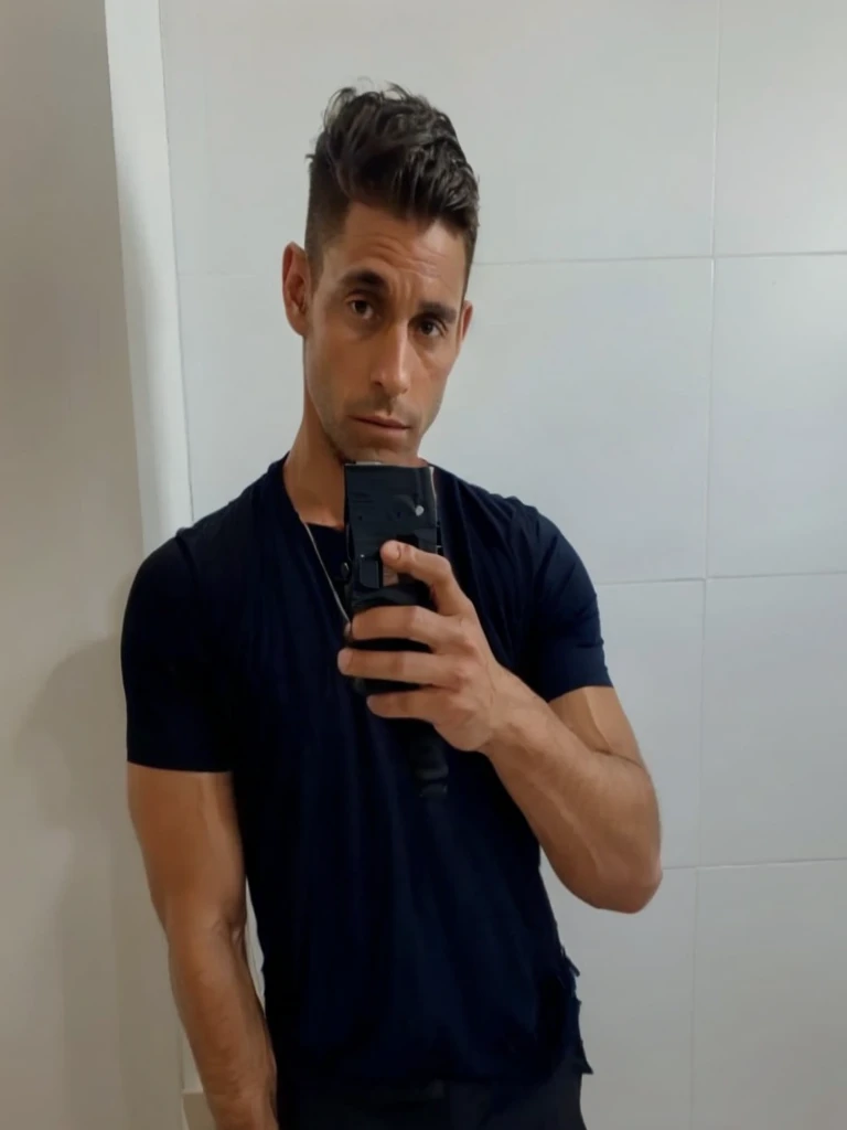Man posing in black boxer without shirt in bathroom