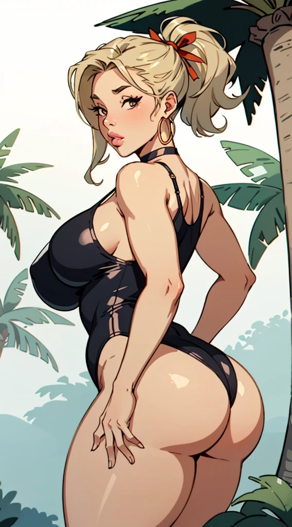 Best quality, solo mature woman, giant breasts, giant ass, very curvy, blonde styled hair, full lips, seductive, ribbon in hair, choker, sexy swimsuit, silver hoops, thick thighs, curvy physique, vector palm trees background