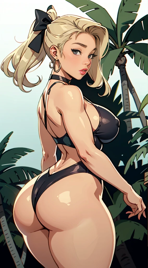 Best quality, solo mature woman, giant breasts, giant ass, very curvy, blonde styled hair, full lips, seductive, ribbon in hair, choker, sexy swimsuit, silver hoops, thick thighs, curvy physique, vector palm trees background