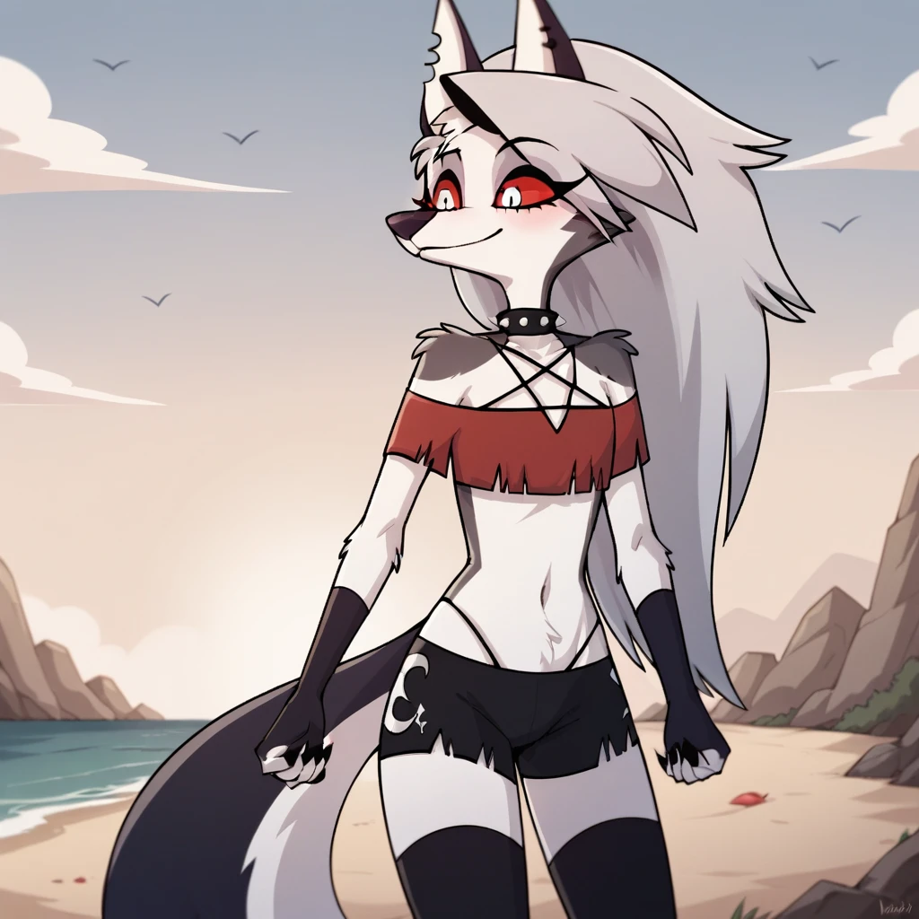 score_9, score_8_up, BREAK, source_anime, uncensored, perfect body, slim, thigh highs, fingerless gloves,
anthro, furry, pose, sexy,
Loona \(Helluva Boss\), NSFW, red swimsuit, bikini, head back, anthro male maned wolf with long spiked white hair and black face, black boxers, blushing, high detail, walking on beach, holding hands, smiling, open eyes, larger male