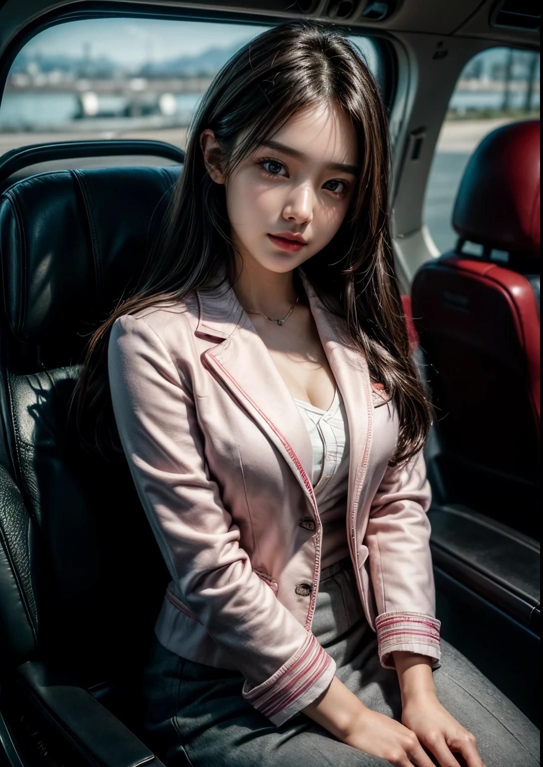 a beautiful Korean young college girl, (((18 years young girl))), detailed face with beautiful eyes and lips, long black hair, stylish hair, hair pin, romantic Eyes, beautiful eyes, smiley face, happy face, glow face, super round young breasts, beautiful realistic knees, glow skin, bright skin, realistic skin, realistic smile, cutest smile, realistic body, Standing In Flight For On board services, Starfish Pink Glitter Airhostess uniform, ((uniform Pink Blazer)), I'd Card, Flight seats, Luxury Flight Interior, Passengers, detailed Airhostess dress, stylish dress, stylish uniform, stylish Blazer, stylish look, stylish angle, photorealistic, realistic, masterpiece, ultra-detailed,8k, (best quality,8k,highres,masterpiece:1.2),ultra-detailed,(realistic,photorealistic,photo-realistic:1.37), highly detailed, cinematic lighting, vibrant colors, warm tones, masterpiece,highres,warm lighting, vibrant colors, soft focus, elegant, cinematic, highly detailed, professional digital art, UHD, Ultra HD, ultra realistic, hyper realistic, ultra sharp, vivid, realistic atmosphere, Beautiful rally atmosphere in background, beautiful Cockpit background, detailed Flight interior background, hyper-detailed background, cinematic photography, award winning Photography, Very High Resolution picture quality, full-body shot, 