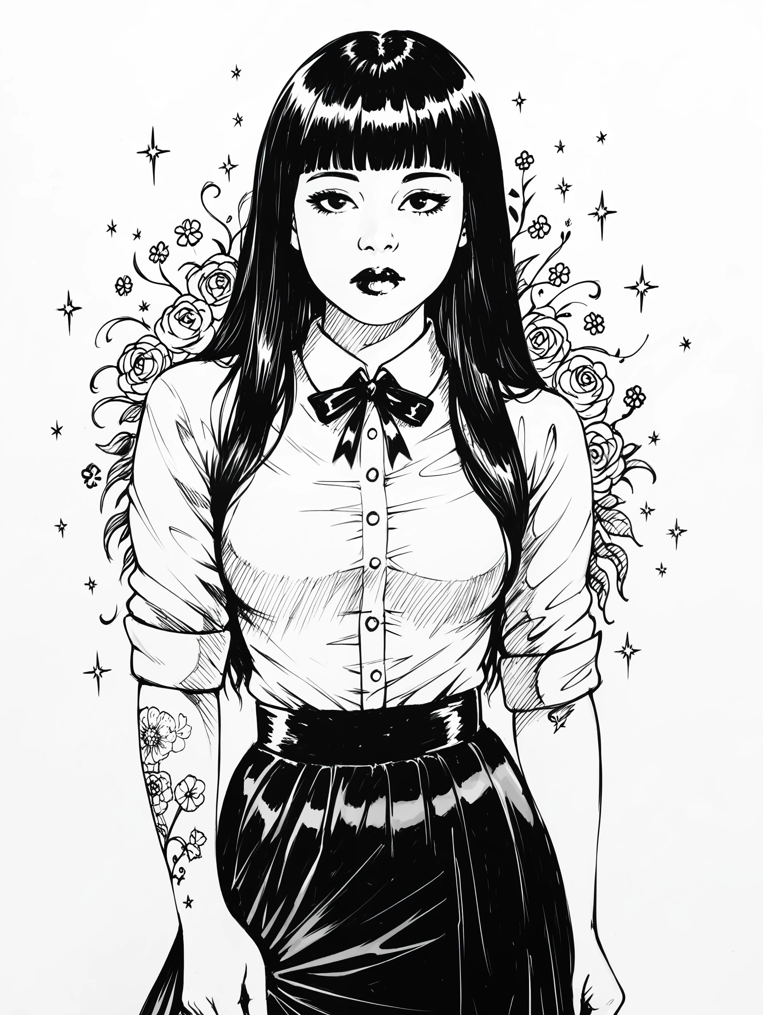 score_9, score_8_up, score_7_up, 1girl, sketch, sp1t, monochrome, detailed background, Asian, white shirt, black skirt, rolled up sleeves, sunny, lovely, hime cut hair, curious face, black lips, black eyes, tattoos
