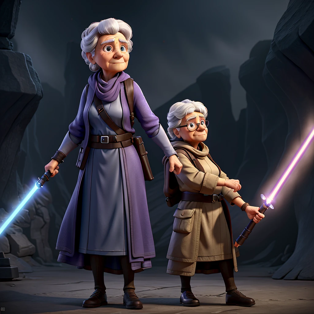 a elderly woman holding a lightsaber,dressed as a Jedi knight,detailed face and hands,cinematic lighting,volumetric fog,dramatic shadows,vibrant colors,epic sci-fi atmosphere,photorealistic,8k,high quality