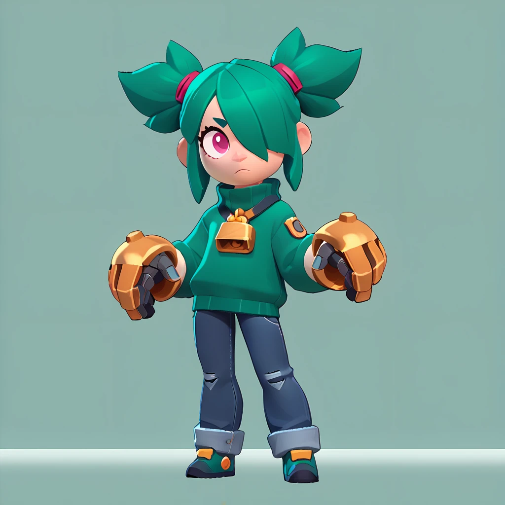 full body view of a teenage girl, neon green hairstyle with a lock of hair covering one eye, pointed pigtails, dressed in a green sweater and jeans, wearing big robotic gloves
