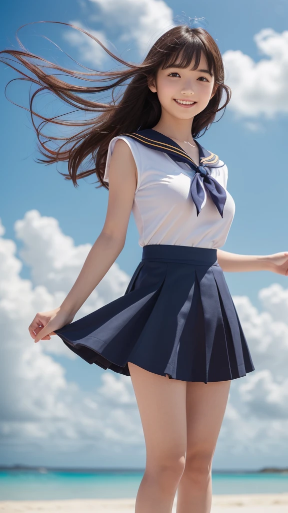 1girl,(((Okinawa ocean)))、(((White sand beaches in Okinawa)))、(((Just join your hands and pray)))、(((Mysterious look)))、8k UHD、Digital single-lens reflex camera、High resolution、Shallow depth of field、Natural light、(((オフショルダーで腕を上げて美しい脇の下をみせてくれる)))、(((Sailor suit)))、(((navy blue super mini skirt)))、(((A sparkling, charming smile)))、(((Full body photography)) )、Small person、(((Young face)))、1 Japanese female、;beautiful girl、(Black Hair)、A strong wind blows up my skirt、(((Brown eyes)))、Glowing Skin、Smooth Thinning Hair、Long Hair、Detailed background、Detailed eyes and face、Clear Eyes、Cute smile、Calm atmosphere、(((stage)))、(((Small breasts)))、(((Beautiful Eyes)))、Flat chest、Children、(((Toned thighs))) 、(((Angle from below) ))、(((Fine lips)))、(((Skirt fluttering)))、Shining beautiful legs、( Skirt fluttering violently in the strong wind :1.4), (hair blowing in the strong wind:1.4), (leaning forward)、barefoot、barefoot、((((A skirt flipped up by a strong wind))))