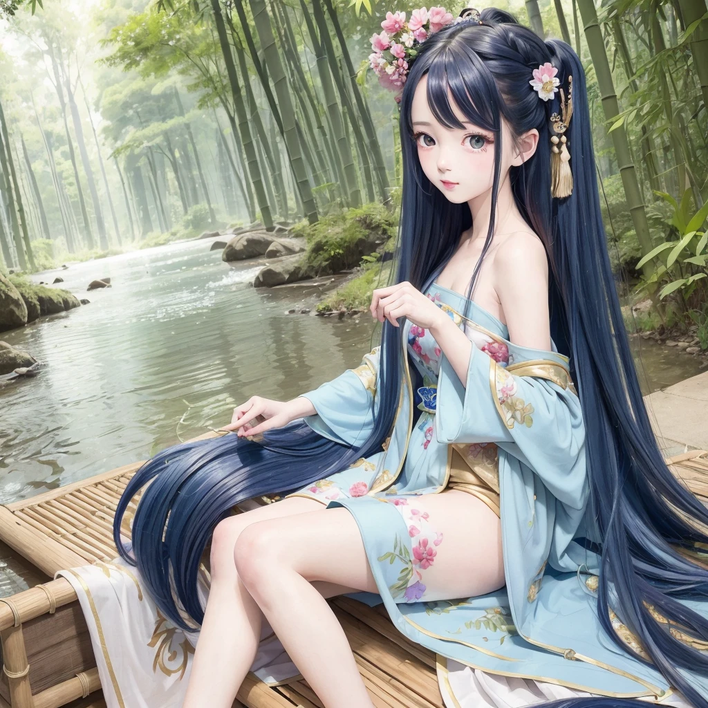 masterpiece, best quality, official art, 8k wallpaper, highly detailed, illustration, 1 girl, Azure hair, long hair, detailed eyes, forrest, bare shoulders, hanfu,lakes, pure, soft smile,bamboo,Tea