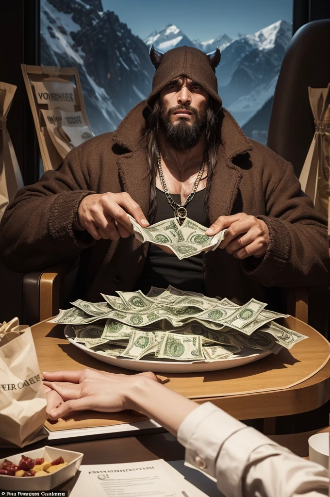 supper:A huge voracious monster, representing capitalism, is sitting in a giant CEO chair, surrounded by mountains of money and shopping bags. He has several huge hands holding contracts, while small, exhausted people