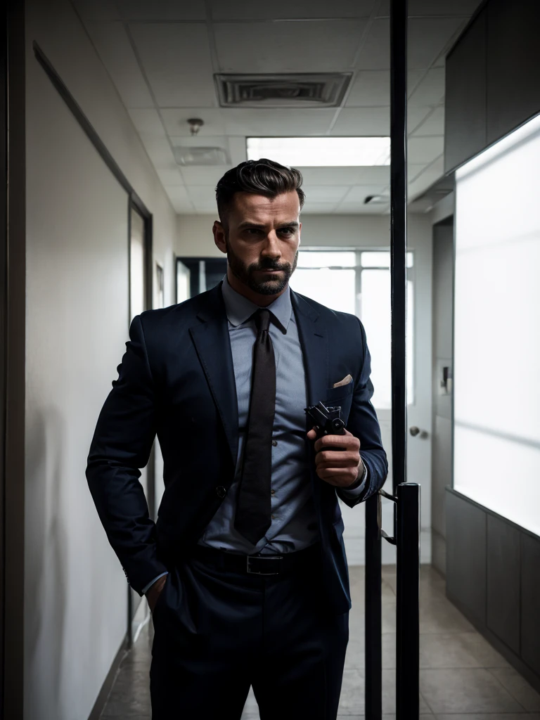 Well-groomed man, in a suit, with slightly dark lighting, well dressed man, standing alone, muscular man with fixed gaze, holding a 9mm gun