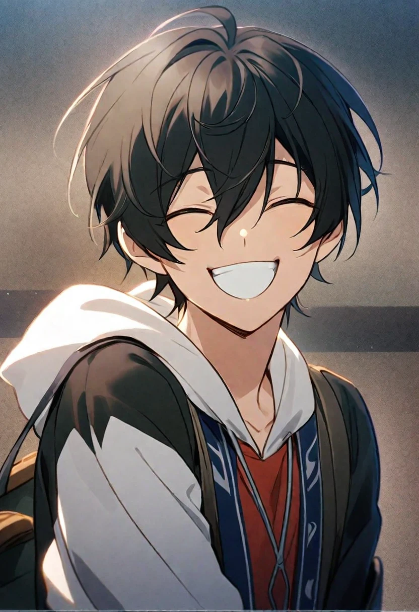 a close up of a person with black hair, [[[[grinning evily]]]], smiling sweetly, smug grin, grinning lasciviously, smileing nright, he is smiling, young anime man, happy expression, anime boy, smiling expression, black anime boy, grinning, smug smile, serene smile