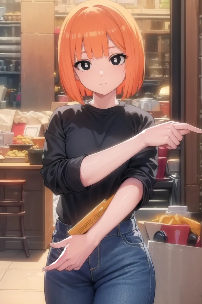 yorumac, yoru mac, short hair, bangs, (black eyes:1.5), blunt bangs, orange hair, bob cut, smile, bright pupils, BREAK looking at viewer, (cowboy shot:1.5), BREAK (masterpiece:1.2), best quality, high resolution, unity 8k wallpaper, (illustration:0.8), (beautiful detailed eyes:1.6), extremely detailed face, perfect lighting, extremely detailed CG, (perfect hands, perfect anatomy), , young