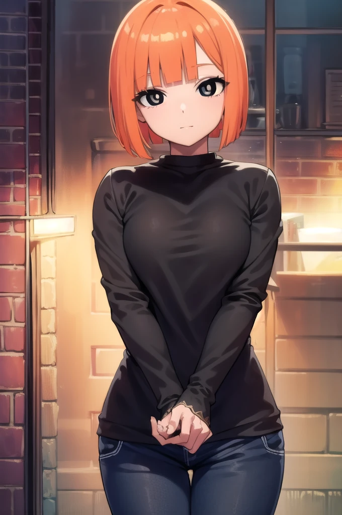 yorumac, yoru mac, short hair, bangs, (black eyes:1.5), blunt bangs, orange hair, bob cut, smile, bright pupils, BREAK looking at viewer, (cowboy shot:1.5), BREAK (masterpiece:1.2), best quality, high resolution, unity 8k wallpaper, (illustration:0.8), (beautiful detailed eyes:1.6), extremely detailed face, perfect lighting, extremely detailed CG, (perfect hands, perfect anatomy), , young