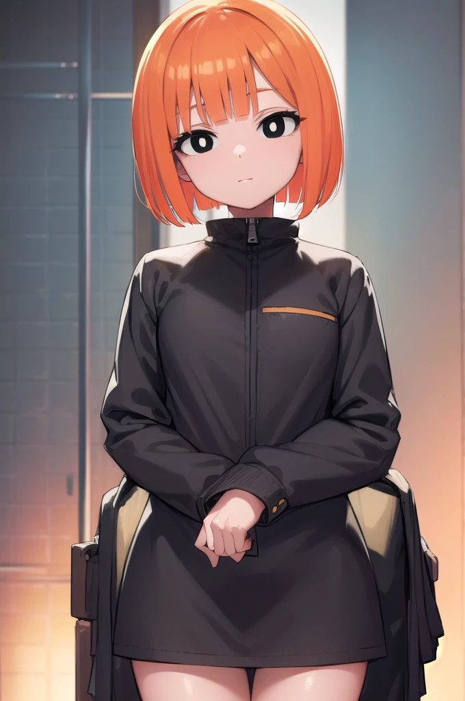 yorumac, yoru mac, short hair, bangs, (black eyes:1.5), blunt bangs, orange hair, bob cut, smile, bright pupils, BREAK looking at viewer, (cowboy shot:1.5), BREAK (masterpiece:1.2), best quality, high resolution, unity 8k wallpaper, (illustration:0.8), (beautiful detailed eyes:1.6), extremely detailed face, perfect lighting, extremely detailed CG, (perfect hands, perfect anatomy), , young