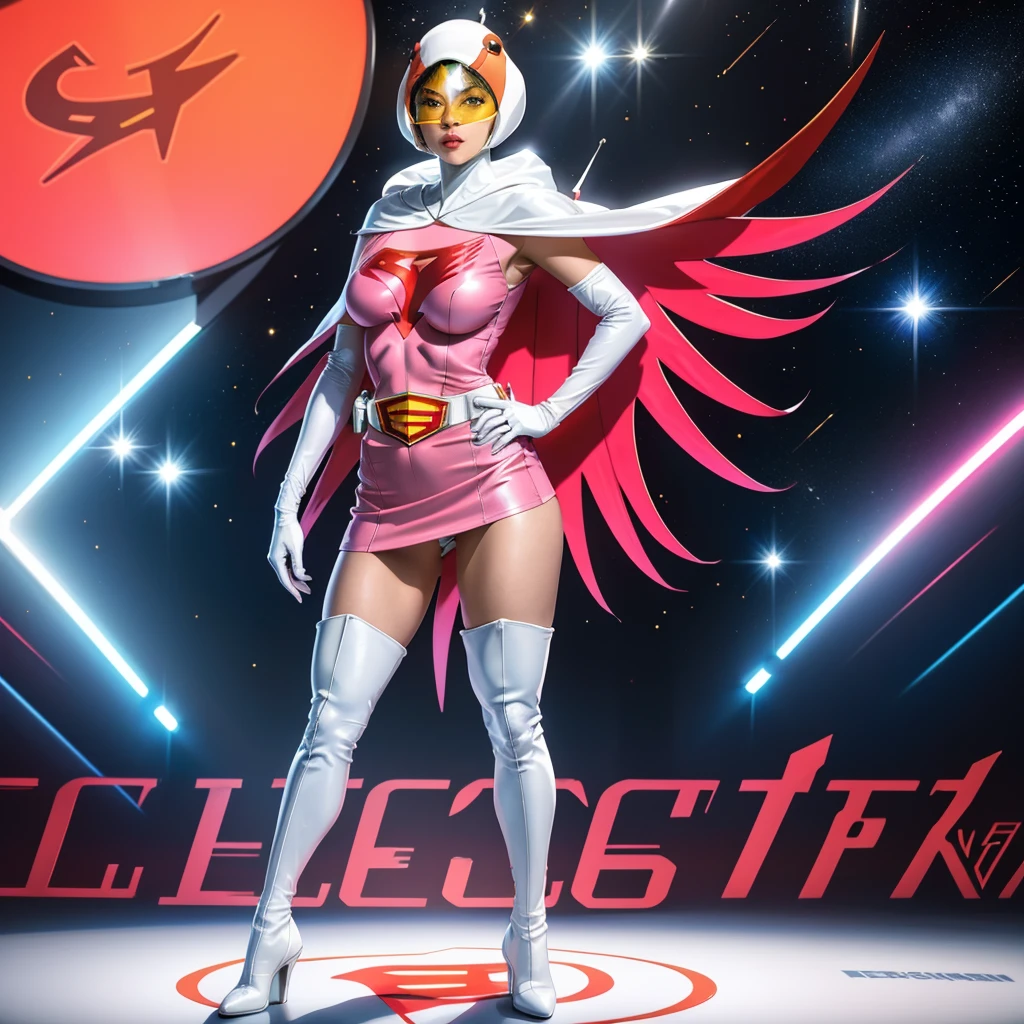 ANI_CLASSIC_jun_gatchaman_ownwaifu,1girl, yo,good anatomy, masterpiece, best quality,realistic, hyper realistic, 16k hdr, long hair,breasts,lips,large breasts,lipstick,makeup,gloves,cape,helmet,belt,elbow gloves,white gloves,mask,ultra miniskirt,leotard,spacesuit,white tight overknee highheels boots,pink dress,superhero,bodysuit,cleavage,erected nipples,(stand pose,hands on hip),(spread legs:1.1),cameltoe