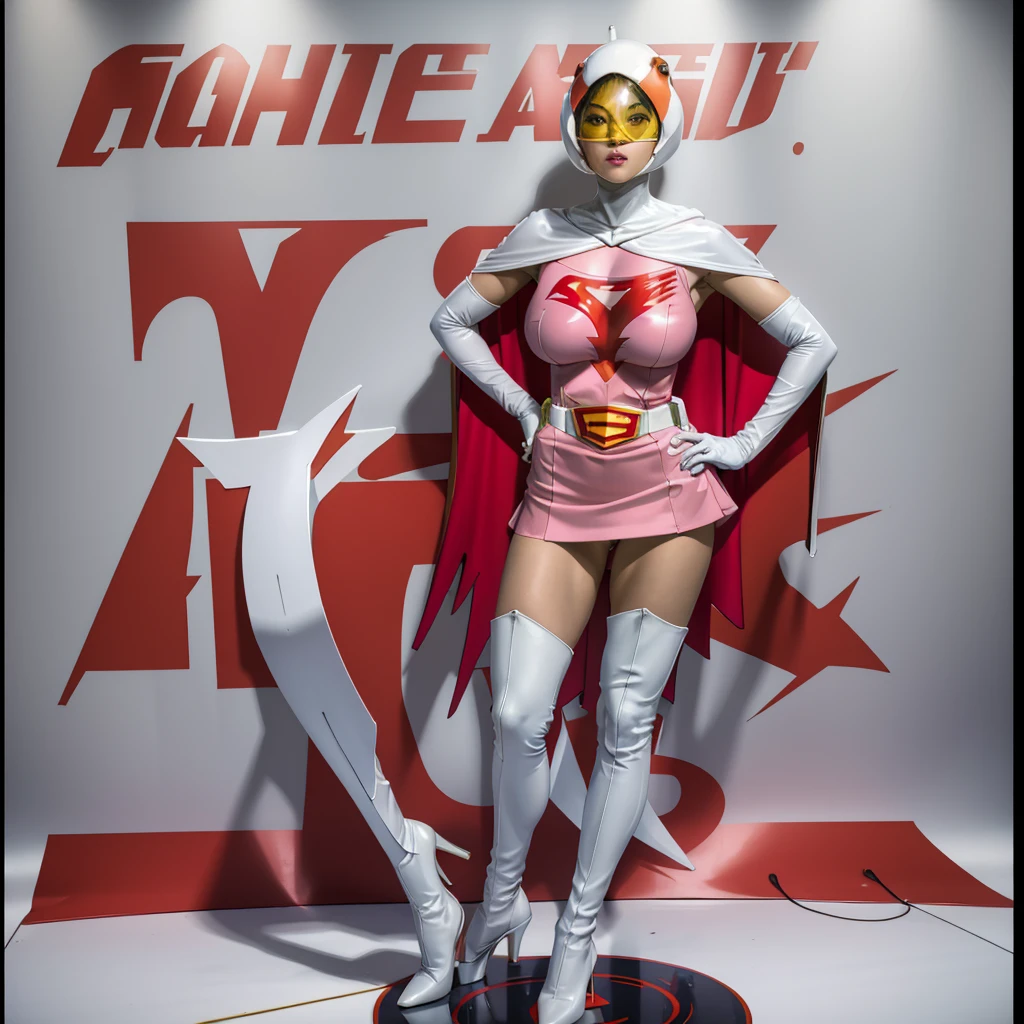 ANI_CLASSIC_jun_gatchaman_ownwaifu,1girl, 15yo,good anatomy, masterpiece, best quality,realistic, hyper realistic, 16k hdr, long hair,breasts,lips,large breasts,lipstick,makeup,gloves,cape,helmet,belt,elbow gloves,white gloves,mask,ultra miniskirt,leotard,spacesuit,white tight overknee highheels boots,pink dress,superhero,bodysuit,cleavage,erected nipples,(stand pose,hands on hip),(spread legs:1.1),cameltoe