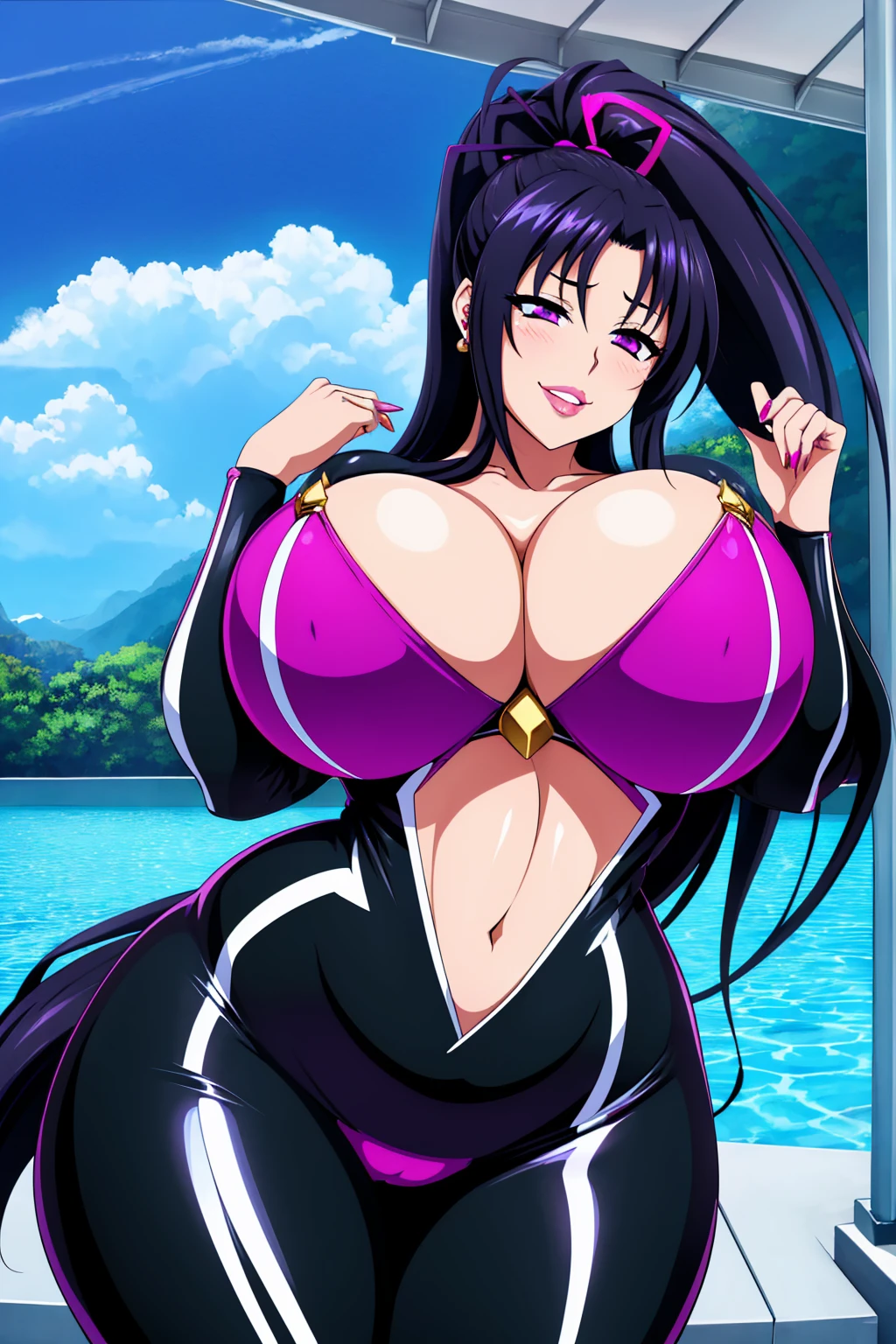 Akeno Himejima, 1girl, (((bimbo))), long black hair, purple eyes, ear rings, (((bimbo))), puffy lips, painted lips, thick lips, erotic smile face, wide hips, thick thighs, huge round ass, enormous natural breasts, shiny oily breasts, she venom, venom absorption, venom suit,