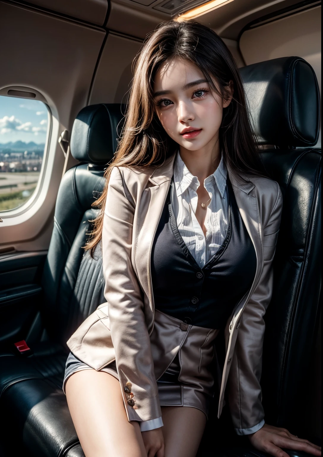 a beautiful Korean young college girl, (((18 years young girl))), detailed face with beautiful eyes and lips, long black hair, stylish hair, hair pin, romantic Eyes, beautiful eyes, smiley face, happy face, glow face, super round young breasts, beautiful realistic knees, glow skin, bright skin, realistic skin, realistic smile, cutest smile, realistic body, Standing In Flight For On board services, Starfish Pink Glitter Airhostess uniform, ((uniform Pink Blazer)), I'd Card, Flight seats, Luxury Flight Interior, Passengers, detailed Airhostess dress, stylish dress, stylish uniform, stylish Blazer, stylish look, stylish angle, photorealistic, realistic, masterpiece, ultra-detailed,8k, (best quality,8k,highres,masterpiece:1.2),ultra-detailed,(realistic,photorealistic,photo-realistic:1.37), highly detailed, cinematic lighting, vibrant colors, warm tones, masterpiece,highres,warm lighting, vibrant colors, soft focus, elegant, cinematic, highly detailed, professional digital art, UHD, Ultra HD, ultra realistic, hyper realistic, ultra sharp, vivid, realistic atmosphere, Beautiful rally atmosphere in background, beautiful Cockpit background, detailed Flight interior background, hyper-detailed background, cinematic photography, award winning Photography, Very High Resolution picture quality, full-body shot,