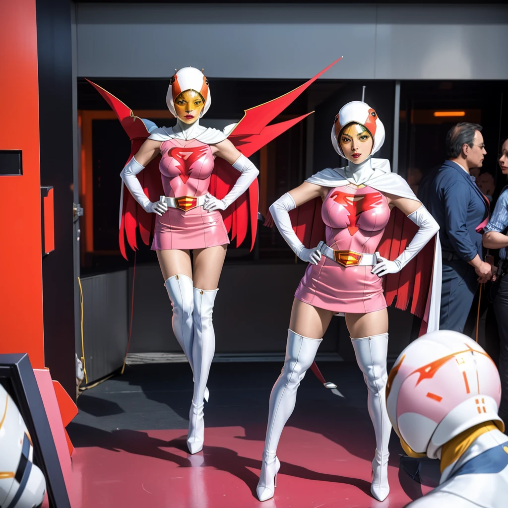 ANI_CLASSIC_jun_gatchaman_ownwaifu,1girl, ,good anatomy, masterpiece, best quality,realistic, hyper realistic, 16k hdr, long hair,breasts,lips,large breasts,lipstick,makeup,gloves,cape,helmet,belt,elbow gloves,white gloves,mask,ultra miniskirt,leotard,spacesuit,white tight overknee highheels boots,pink dress,superhero,bodysuit,cleavage,erected nipples,(stand pose,hands on hip),(spread legs:1.1),cameltoe