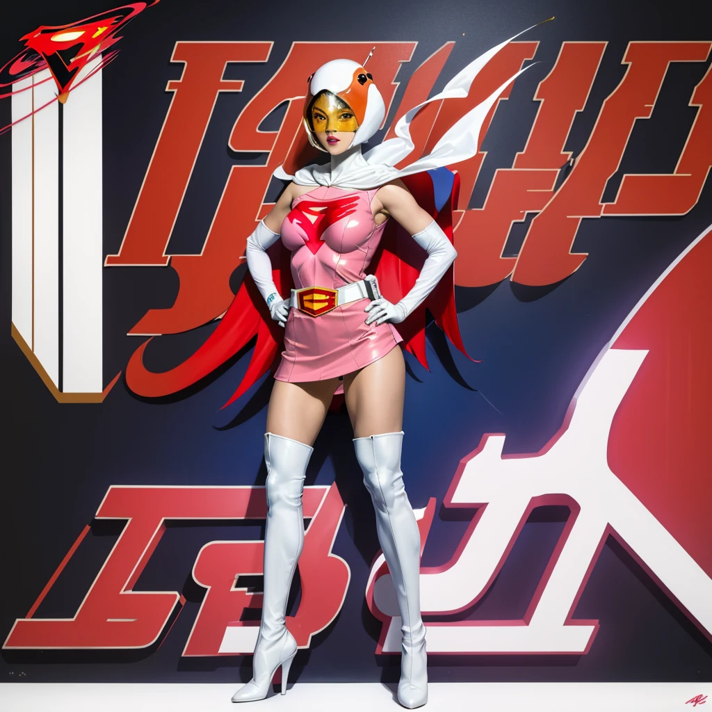 ANI_CLASSIC_jun_gatchaman_ownwaifu,1girl, ,good anatomy, masterpiece, best quality,realistic, hyper realistic, 16k hdr, long hair,breasts,lips,large breasts,lipstick,makeup,gloves,cape,helmet,belt,elbow gloves,white gloves,mask,ultra miniskirt,leotard,spacesuit,white tight overknee highheels boots,pink dress,superhero,bodysuit,cleavage,erected nipples,(stand pose,hands on hip),(spread legs:1.1),cameltoe