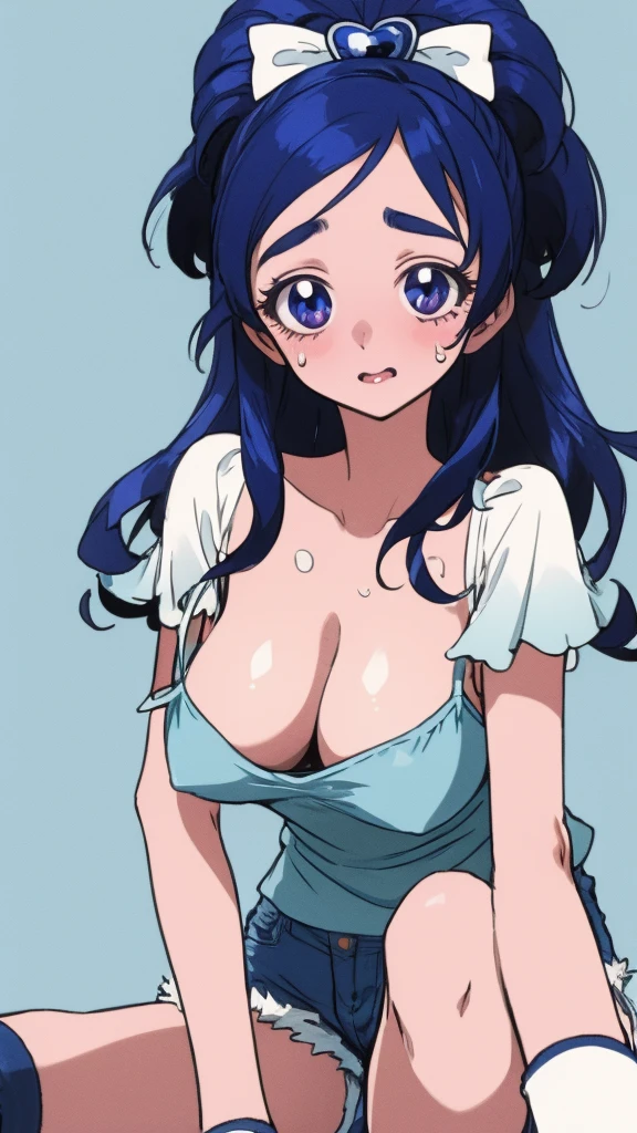 masterpiece, best quality, highres,cure white, 1girl, solo, long hair, blue hair,,huge breasts,looking viewer,(camisole,denim shorts,socks),cleavage,sweating,